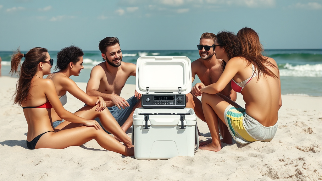Jovens escutando o radio na praia