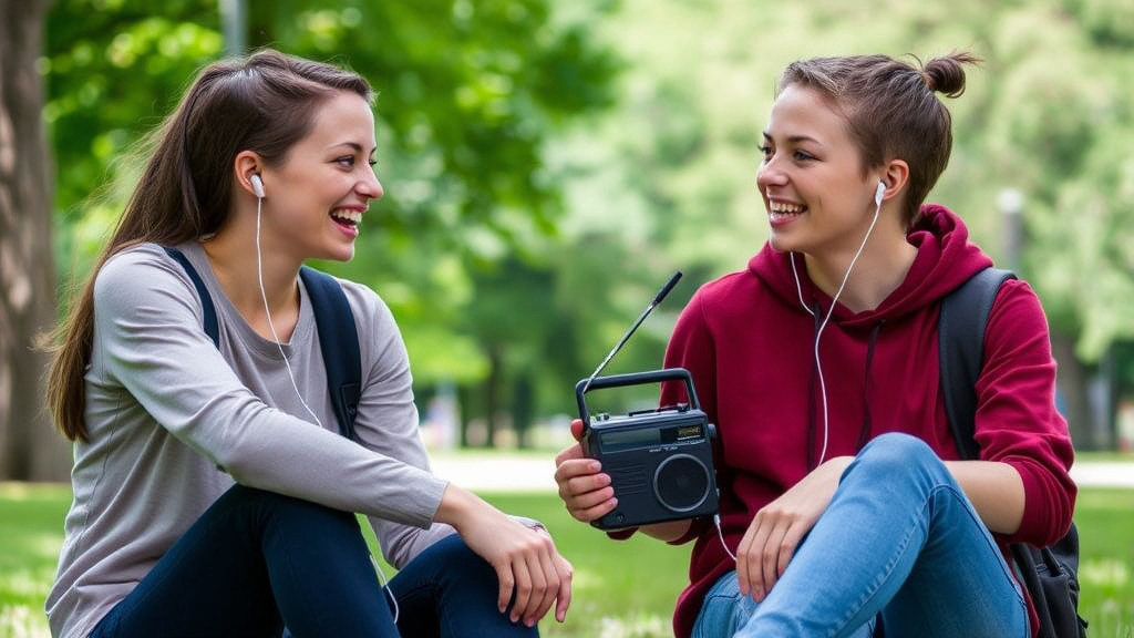 Duas garotas escutando o radio